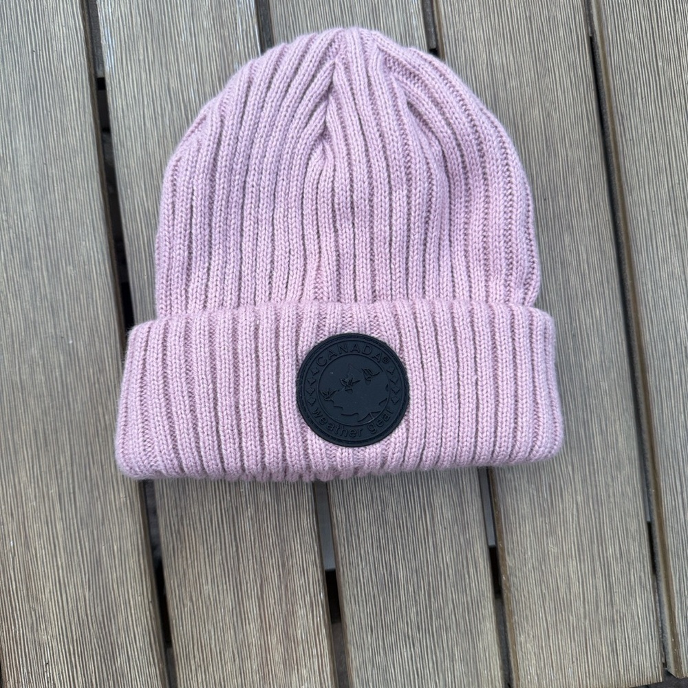 Canada Weather Gear Pink Ribbed Knit Beanie Hat Women’s Winter Cuff Logo Patch
